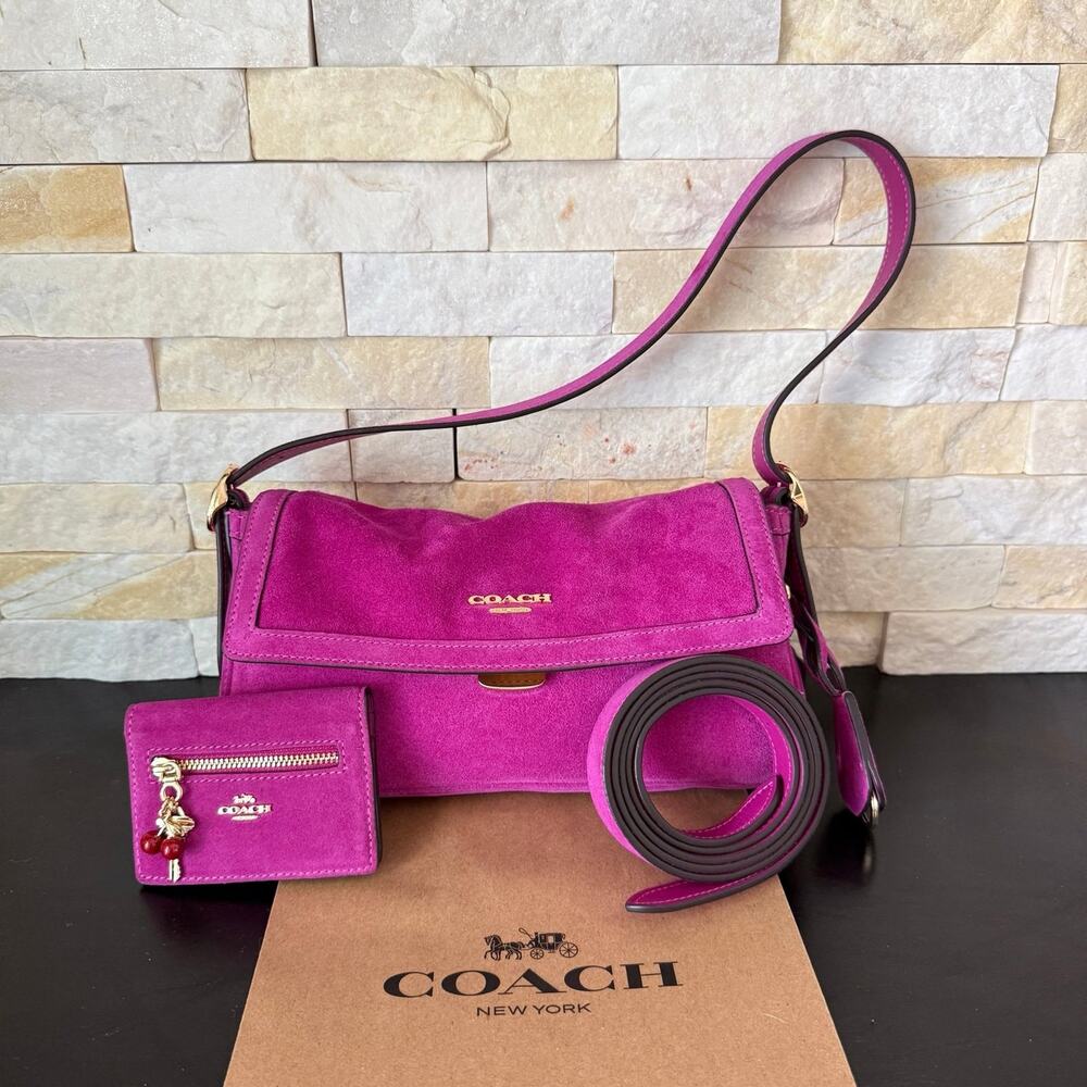 Bundle‼️Coach Etta Small Flap Shoulder Bag CGV53 & CGA71 card case suede/Magenta